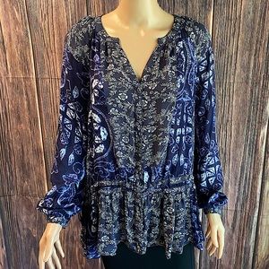 Free People size XS navy blue & white paisley boho button down peasant blouse